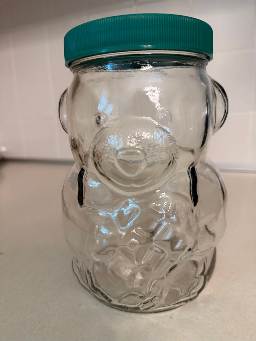 Kraft peanut butter Glass Bear piggy bank Jar with green Twist Lid - Home Other